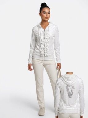 Vertigo Paris White Ruffle Zip Hoodie Sz L Fits Like SMALL btc